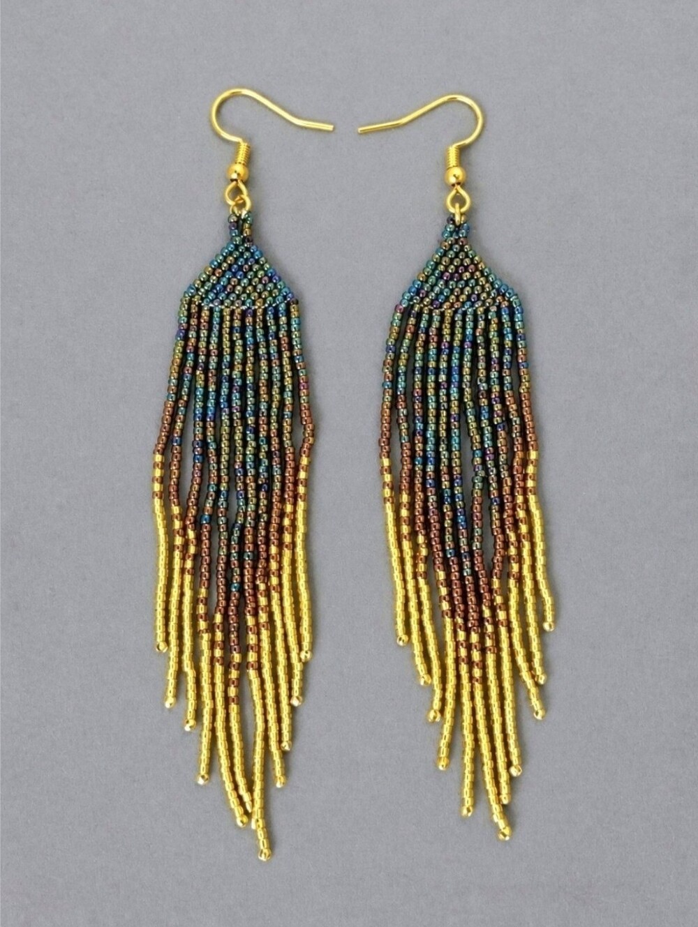 Handmade Willow Luxe Boho Fringe Beaded Earrings - Blue Iridescent Gold - Picture 2 of 3